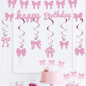 Pink glitter Happy Birthday banner set with bow cupcake toppers and hanging swirls