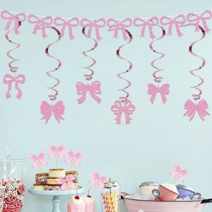 Pink glitter bow hanging swirls and ribbon cake toppers for girls birthday party decor