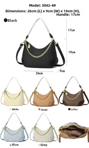 Detailed size chart and multi-color options for woven underarm bag with gold chain strap