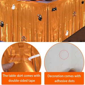 Detail of Halloween orange foil table skirt with ghost pumpkin cutouts and adhesive strips