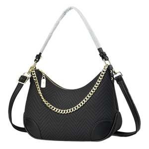 Black hobo shoulder bag with herringbone texture and chunky gold chain strap