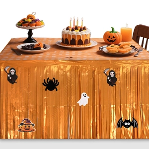 Halloween Table Skirt Metallic Foil Fringe Decorative Accessory With Bat Pumpkin Ghost Stickers For Party Atmosphere