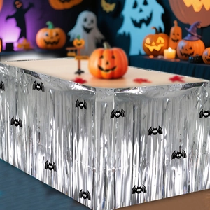 Silver Halloween foil fringe table skirt decorated with black bat patterns for party decor