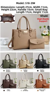 Detailed view of the handbag set in 7 colors with dimensions and interior structure