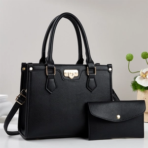 Black lychee pattern leather handbag set with gold hardware and small envelope pouch