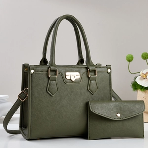 Dark green lychee texture leather handbag set with shoulder strap and clutch bag