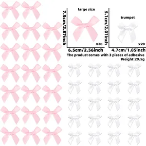 Lot de 40 nœuds en satin rose et blanc en deux tailles avec adhésifs pour décoration