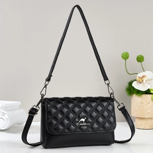 Classic black quilted shoulder bag with chain strap and elegant silver kangaroo emblem