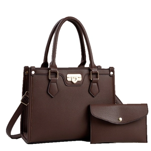 Dark brown lychee pattern tote bag and wallet set with gold hardware on white background