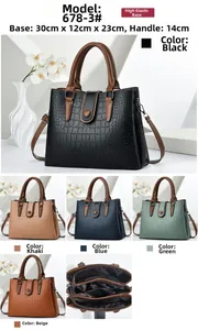 Detail view of large crocodile texture handbag showing multi-layer zipper compartments