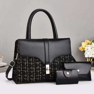 Women's Retro Tote Bag Tweed PU Leather Splicing Large Capacity Business Casual Shoulder Handbag With Pouch And Card Holder
