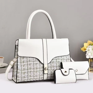Chic 3-piece white tweed tote set including large handbag and detachable shoulder strap