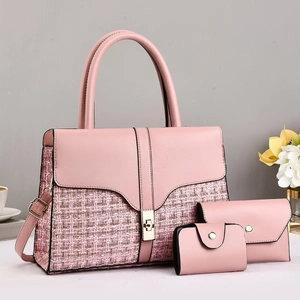 Pink vintage tote bag set with tweed patchwork and gold hardware for office commuting