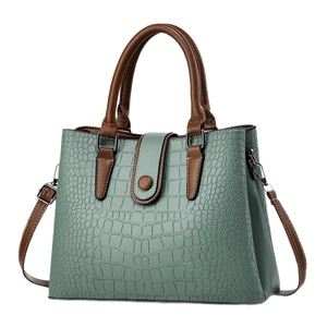 Vintage crocodile embossed tote bag in Morandi green with dark brown contrast straps