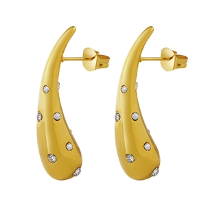 Elegant gold drop earrings with sparkling zircon stones in a geometric curved design