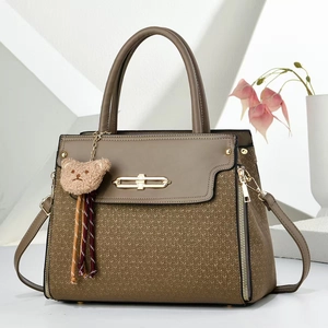 Women Large Capacity Fashion Shoulder Bag PU Leather Tote Handbag With Bear Charm Stitching Top Handle Satchel For Daily