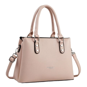 Pink lychee grain leather handbag with top handles and adjustable shoulder strap
