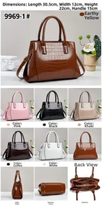 Detailed views of high-capacity crocodile pattern handbag with dimensions and multi-color options