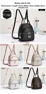 Detailed size chart for mini monogram backpack showing 19x10x20cm dimensions and colors
