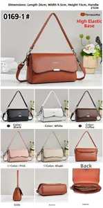 Detail overview of flap crossbody bag showing dimensions and six available colors