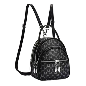Mini black backpack with grey M-letter pattern and multi-layer zipper pockets for women