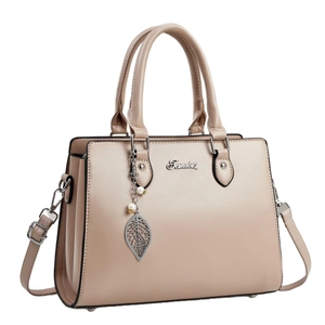 Elegant beige faux leather handbag with pearl leaf charm and crossbody strap