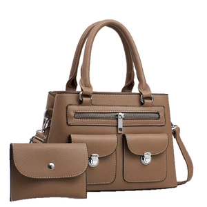 Brown lychee pattern PU leather handbag set with two front pockets and crossbody strap