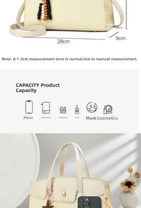 Detail view of woven leather handbag with dimensions 28x9cm and capacity display