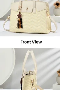 Front view of beige woven tote bag with leather trim, gold lock, and wooden bead charms