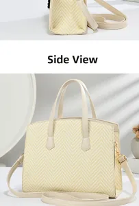 Detail view of the beige chevron woven texture and detachable PU strap on the handbag