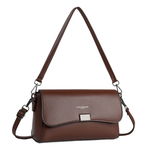 Brown litchi grain leather shoulder bag with silver buckle and dual straps