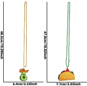 Detailed dimensions of glitter avocado and taco pendants on colorful bead chains