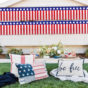 Detail showing patriotic red, white and blue fringe banner for Independence Day decor