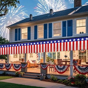 Detail of red white and blue tinsel fringe curtain and bunting on porch railing