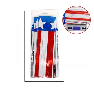 Detail of USA flag themed foil fringe curtain with packaging size and weight measurement