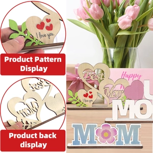 Detail of wooden Mother's Day plaques featuring Best Mom heart design and floral MOM letters