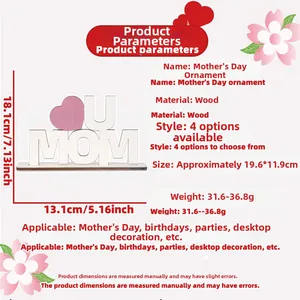 Detail view of Mother's Day wooden U MOM tabletop decor with product dimensions and size