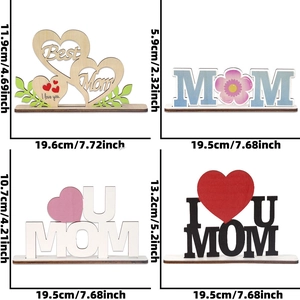 Four styles of Mother's Day wooden desk ornaments featuring heart designs and MOM letters