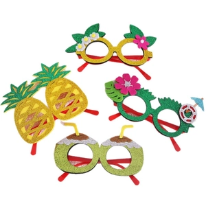 Set of four tropical themed summer party glasses with flamingo and pineapple glitter designs