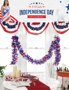 Detail of red white blue July 4th tinsel garland and patriotic star banners decoration