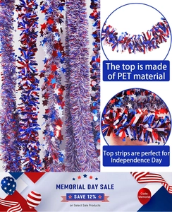 Close-up of red, white, and blue patriotic tinsel garland with star sequins for decor