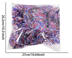 Detail of red white and blue star tinsel garland in clear plastic bag with dimensions