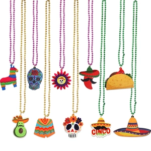 Cinco de Mayo party necklaces with skull, sombrero and chili pendants on colorful beads