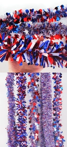 Detail of red white and blue July 4th tinsel garlands with stars for Independence Day decor