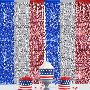 Self Adhesive Patriotic Foil Fringe Curtain Tinsel Backdrop For Independence Day Party Decoration Shiny Wavy Streamers