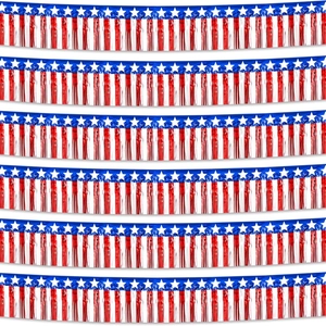 Patriotic Independence Day Table Skirt Red White Blue Stars And Stripes PET Foil Fringe Curtain For July 4th Party Decoration