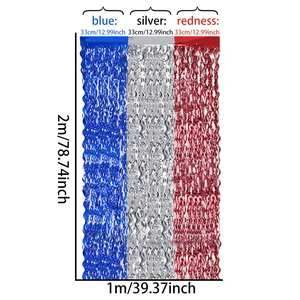 Blue silver and red metallic fringe curtain backdrop for 4th of July party decoration