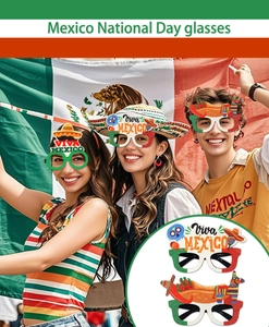 Close-up of Mexico theme party glasses with glitter cactus and sombrero designs