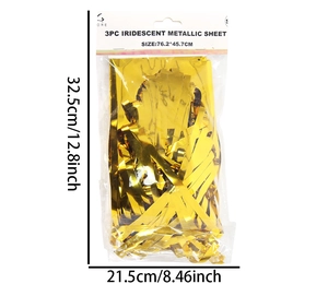 Detail of 3-pack gold fringe tinsel banner showing retail packaging and size measurements