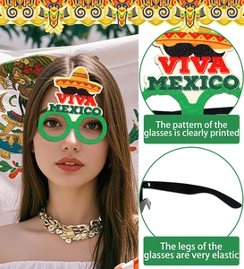 Detail of Viva Mexico party glasses featuring sombrero and glitter frame on model
